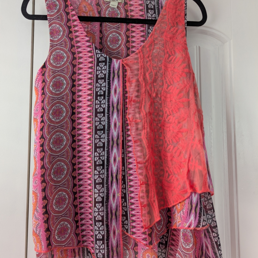 ONE WORLD Pink and Black Asymmetrical Tiered Tank Top